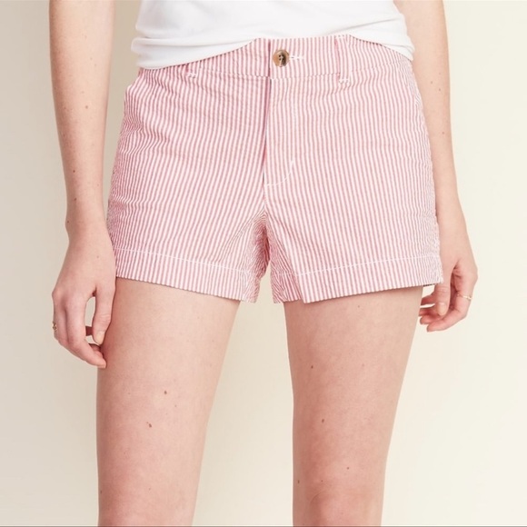 Old Navy Pants - Old Navy Womens 12 Everyday Short Chino Style Mid Rise Pink White Pinstripe